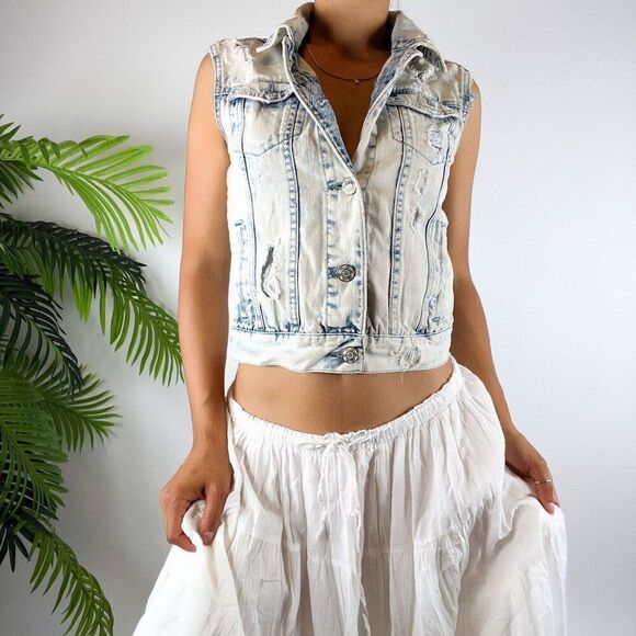 Vintage Y2K Indie Grunge Light Wash Denim Distressed Bleached Jean Vest / Sz: S - Picture 3 of 5